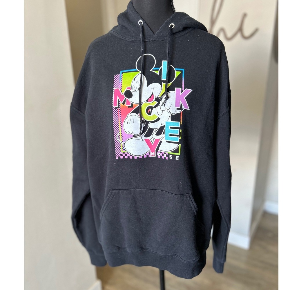 Disney Mickey Mouse Black Graphic Hoodie Sweatshirt Checkerboard Sleeves Large